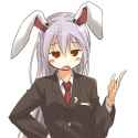 animal_ears bunny_ears hand_on_hip long_hair necktie no_nose open_mouth purple_hair rabbit_ears red_eyes simple_background solo touhou very_long_hair white_background yudepii-67257c360e9590d67d786897f6.jpg