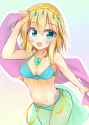 1girl absurdres alternate_costume blonde_hair blush dancer green_eyes highres jewelry kuzumomo navel necklace open_mouth shawl solo touhou-6a46f090987120309a20b7cc2d5be95c.jpg