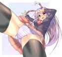 1girl _d animal_ears bangs black_legwear blazer blush breasts bunny_ears cameltoe female from_below happy kantoku_(style) labia lavender_hair long_hair looking_at_viewer looking_down necktie no.jpg