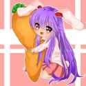 animal_ears bangs bunny_tail carrot collared_shirt dress_shirt fang gradient_eyes koyashaka long_hair long_sleeves looking_at_viewer multicolored_eyes necktie object_hug open_mouth patterned_background.jpg