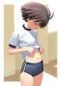 648136 - 1girl blush brown_hair buruma flat_chest idolmaster kikuchi_makoto looking_down midriff navel nekopuchi raglan_sleeves shirt_lift short_hair solo.jpg