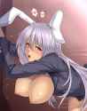 1girl ;o animal_ears bent_over blazer blush breasts breasts_outside bunny_ears cleavage clothed_sex dark_skin female heart houtengeki huge_breasts large_breasts lavender_hair long_hair looking_.jpg