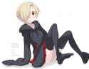 No Artist - 1girl arm_support bags_under_eyes black_legwear blonde_hair blush brown_eyes earrings hair_over_one_eye hood hoodie idolma.jpg