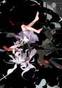 akimbo barefoot blazer bullet bunny_ears cross dual_wielding el-zheng feet firing gun gunfire highres lavender_hair long_hair necktie rabbit_ears red_eyes skirt solo submachine_gun touhou upside-down w.jpg
