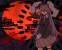 animal_ears blazer bullet bunny_ears danmaku flower full_moon grin gun handgun highres holster kuri_dora miniskirt moon necktie night pleated_skirt purple_hair red_eyes red_moon revolver sharp_teeth sk.jpg