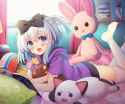 Konachan.com - 223962 aliasing aqua_eyes ass barefoot bed blush bow bunny cat_smile food gray_hair kiyu_(kiyupapiko) loli original ponytail short_hair stockings thighhighs.png