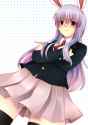 1girl _ animal_ears black_legwear blazer blush crossed_arms from_below jacket looking_down miniskirt nnyara pink_skirt purple_hair rabbit_ears raised_eyebrow red_eyes skirt solo touhou-a38ecdbb96f4b320.jpg