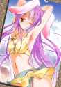 1girl animal_ears armpits arms_behind_head arms_up bikini blush corkboard cowboy_shot long_hair navel one_eye_closed photo_(object) purple_hair pushpin rabbit_ears red_eyes shichisei smile solo swimsui.png
