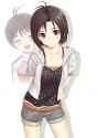 703349 - 1girl alternate_hairstyle antenna_hair arms_behind_back black_eyes black_hair closed_eyes collarbone dual_persona hood hoodie idolmaster idolmaster_2 jacket kikuchi_makoto kisugi_akira polka_dot raglan_sleeves.jpg