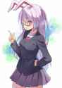 animal_ears bespectacled blazer bunny_ears glasses gomibox gomibox2021 hand_on_hip index_finger_raised lavender_hair long_hair necktie purple_hair raised_finger red_eyes solo touhou-92f2fd72c583a5c5903.jpg