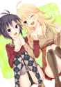 1006269 - _d ;d 2girls ahoge antenna_hair argyle argyle_legwear bad_id black_hair blonde_hair blue_eyes blush boots green_eyes hoshii_miki idolmaster kikuchi_makoto knee_boots long_hair multiple_girls one_eye_closed op.jpg