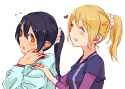 s - 3057704 - 2girls alternate_hairstyle ayase_eli black_hair brown_eyes eyes_closed heart hood hoodie love_live!_school_idol_proj.jpg