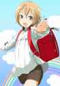 lolibooru 49701 1girl backpack blonde_hair blush brown_eyes copyright_request glasses happy insect ladybug open_mouth rainbow randoseru short_hair shorts sody solo.jpg
