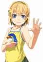 lolibooru 49705 bird_on_hand blonde_hair blue_eyes camisole cosmic_break flat_chest hairband hands penguin rei_(cosmic_break) short_hair smile waving zero_saber_girl.jpg