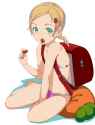 lolibooru 63286 blonde_hair flat_chest hair_ornament looking_at_viewer open_mouth randoseru short_hair simple_background strawberry white_background yokozuwari.png