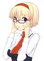 1girl adapted_costume adjusting_glasses bespectacled blonde_hair blue_eyes face female glasses hairband hands looking_back short_hair solo touhou upper_body uro-9aeab05e057c6680211b8080ec5b5573.jpg