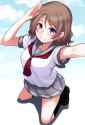 s - 2903255 - 1girl armpit_peek black_legwear black_shoes blue_eyes blush brown_hair collarbone grey_skirt highres knee.jpg
