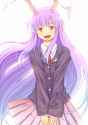 _d animal_ears blazer blue_hair bunny_ears crescent gradient_hair lavender_hair long_hair miniskirt multicolored_hair necktie open_mouth pleated_skirt qontamblue red_eyes skirt smile solo touhou v_arms.jpg