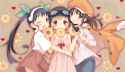 s - 816956 - _d _p 3girls bad_id bakemonogatari black_hair blonde_hair blush brown_eyes brown_hair cabbie_hat doughnut dress fa.jpg