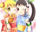 s - 1500021 - ;q 2girls bare_shoulders black_hair blonde_hair bracelet doughnut food hachikuji_mayoi hair_bun hairband japanese.png