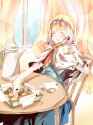 1girl bad_id chair checkerboard_cookie closed_eyes cookie curtains food indoors macaron open_mouth sitting solo table tea window shain_roki touhou-d96889c49de3d4060975e12f1fd6b674.jpg