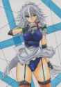 1girl adapted_costume apron bare_shoulders between_fingers black_gloves blue_eyes blue_panties braid breasts cameltoe elbow_pads female fingerless_gloves garter_straps gloves hair_ribbon knife leotard maid mai.jpg