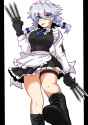 1girl _p apron armband black_gloves blue_eyes blush boots braid breasts female from_below gloves harukatron highres knives_between_fingers large_breasts legs maid_apron maid_headdress necktie silver_hair solo.jpg