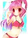 _ animal_ears aqua_background bikini blush breasts bunny_ears bunny_tail fuuna_thise halftone halftone_background hand_in_hair long_hair looking_at_viewer pink_hair rabbit_ears red_eyes solo star star-.jpg