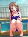 s - 2924252 - ;d 1girl barefoot blue_eyes blush breasts brown_hair cleavage competition_swimsuit day fence hand_on_own_.jpg