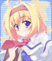 1girl ahoge akishisu_(air_balance) blonde_hair blue_eyes blush book female hairband necktie short_hair smile solo star touhou-063689a39758715ab2c2a9af416c704c.jpg
