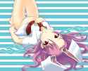 animal_ears bad_id barefoot bunny_ears buttons dress_shirt kosmosshuffle long_hair lying necktie no_pants on_back panties purple_hair rabbit_ears red_eyes shirt striped striped_panties touhou underwear.jpg