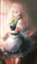 1girl 60mai apron between_fingers blue_dress bow braid dress holster knife looking_at_viewer maid maid_headdress mop pink_eyes shirt short_sleeves silver_hair solo thigh_holster touhou twin_braids waist_apron.jpg
