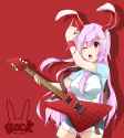 alternate_costume animal_ears black_legwear bunny_ears electric_guitar guitar hair_ornament hairpin haseneko instrument long_hair pink_hair rabbit_ears red_background red_eyes short_sleeves shorts solo.png
