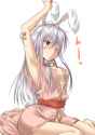 alternate_costume animal_ears armpits arms_up blush breasts bunny_ears bunny_tail cleavage long_hair no_bra no_panties open_clothes open_shirt purple_hair red_eyes sagami_uta shirt simple_background sm.png