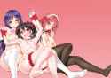 Konachan.com - 184645 barefoot black_hair blue_eyes blue_hair blush breasts choker flat_chest garter green_eyes headdress pink red_eyes red_hair thighhighs twintails yuri.jpg