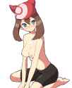 e - 4500 - bandana barefoot bike_shorts blue_eyes blush breasts brown_hair cum cum_on_body cum_on_breasts cum_on_.jpg