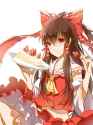 1girl a_luo ascot bow brown_hair cake collarbone detached_sleeves food fruit hair_bow hair_tubes happy highres long_sleeves midriff plate red_eyes shirt simple_background skirt smile solo strawberry touhou whi.jpg