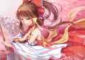 1girl aer_(tengqiu) bare_shoulders bow brown_eyes brown_hair detached_sleeves dress floral_print gohei hair_bow hair_tubes highres long_hair long_sleeves looking_at_viewer petals ponytail red_dress smile solo.jpg