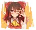1girl adjusting_glasses ascot bare_shoulders bespectacled bow brown_eyes brown_hair detached_sleeves glasses hair_bow hair_tubes long_hair looking_at_viewer one_eye_closed red-framed_glasses shuzi smile solo t.png