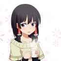 1girl _d alternate_costume black_hair casual cato_(monocatienus) collarbone contemporary cup hair_tubes holding long_hair looking_at_viewer mug open_mouth purple_eyes smile solo steam sweater touhou-bf51569647.jpg