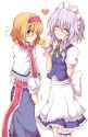716819 - ^_^ 2girls alice_margatroid apron blonde_hair blue_eyes blush bowtie braid capelet closed_eyes cookie grey_hair hairband heart izayoi_sakuya jpeg_artifacts maid maid_headdress multiple_girls necktie r.jpg