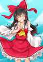 1girl ^_^ ascot blush bow closed_eyes cowboy_shot detached_sleeves facing_viewer grin hair_bow hair_ribbon hair_tubes head_tilt large_bow monrooru ribbon skirt skirt_set smile solo touhou vest w-7af81918414fee.jpg