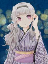 1403-1girl alternate_hairstyle hairband japanese_clothes long_hair obi purple_eyes sash side_ponytail silver_hair smile solo pochisuke_(sayata) shijou_takane idolmaster.jpg