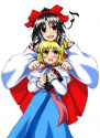 anonymous_2girls alice margatroid black eyes black hair blonde hair dress female hair ribbon hakurei reimu japanese clothes long hair miko multiple girls ribbon short hair simple background touhou white background yellow eye.jpg