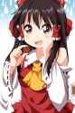 1girl ascot bow box brown_eyes brown_hair coin detached_sleeves donation_box hair_bow hair_tubes hand_on_own_face long_hair looking_at_viewer money open_mouth rakugakiyarou ribbon smile solo tears touhou yen-a.jpg