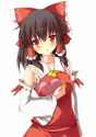 1girl _ ascot blush bow box_of_chocolates breasts brown_hair collarbone detached_sleeves hair_bow hair_ribbon hair_tubes head_tilt highres large_bow looking_at_viewer red_eyes ribbon shy skirt skirt_set solo s.jpg