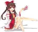1girl _d ascot barefoot blush bow brown_hair collar detached_sleeves frilled_collar frilled_skirt frills full_body hair_bow hair_tubes highres japanese_clothes knees_up long_hair long_sleeves looking_at_viewer.png