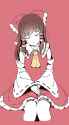 1girl ascot blush bow brown_hair closed_eyes collarbone detached_sleeves hair_bow hair_tubes hands_on_lap knees_touching long_hair long_sleeves red_background resting satomachi simple_background sitting skirt.jpg
