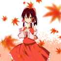 1girl _o autumn_leaves blush bow breasts cato_(monocatienus) commentary_request detached_sleeves food hair_bow hair_ribbon hair_tubes large_bow large_breasts leaf looking_at_viewer maple_leaf red_eyes redhead.jpg