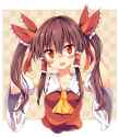 1girl alternate_hairstyle ascot blush brown_hair detached_sleeves flying_sweatdrops full-face_blush hair_ribbon hair_tubes head_tilt japanese_clothes long_hair long_sleeves looking_at_viewer maturiuta_sorato m.jpg